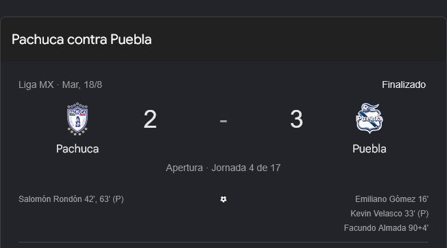 Puebla vence 3-2 a Pachuca con gol agónico de Facundo Almada
